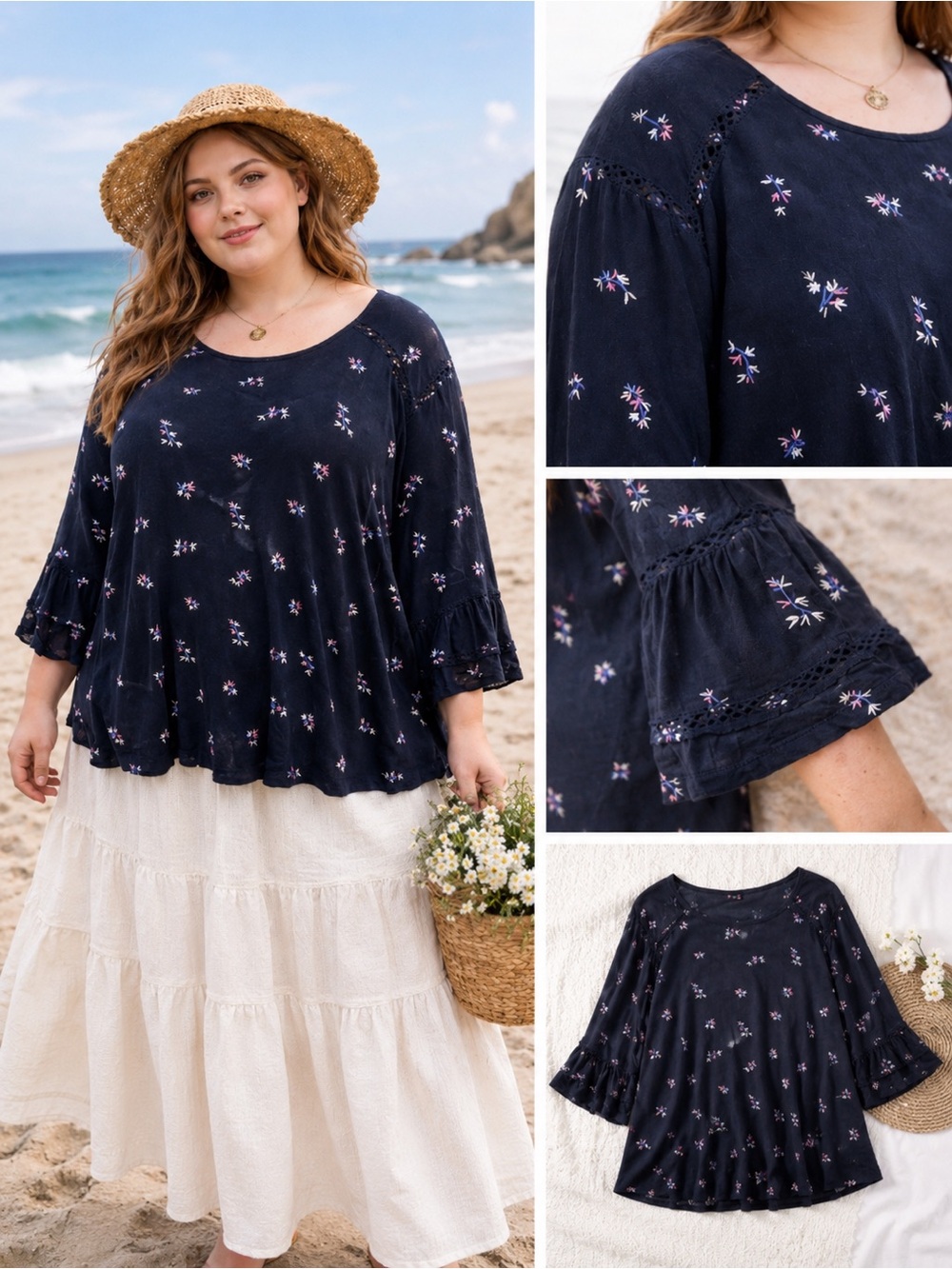 Lucky Brand Women’s 3X BLK Floral Embroidered Blouse Boho Coastal Flowy Top